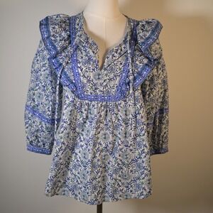 LOFT Womens XS Blue Floral Ruffle Cotton Block Print Prairie Cottagecore